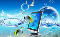Abstract blue wallpaper fish On water And birds In Air
