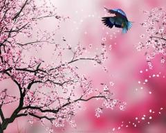 Little bird And blooming trees HD abstract wallpaper