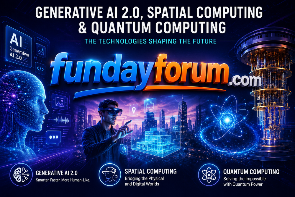 Futuristic technology illustration featuring Generative AI 2.0, Spatial Computing, and Quantum Computing with holographic interfaces, AI visuals, augmented reality, quantum processor design, and 3D fundayforum.com logo in a cyberpunk digital city background.