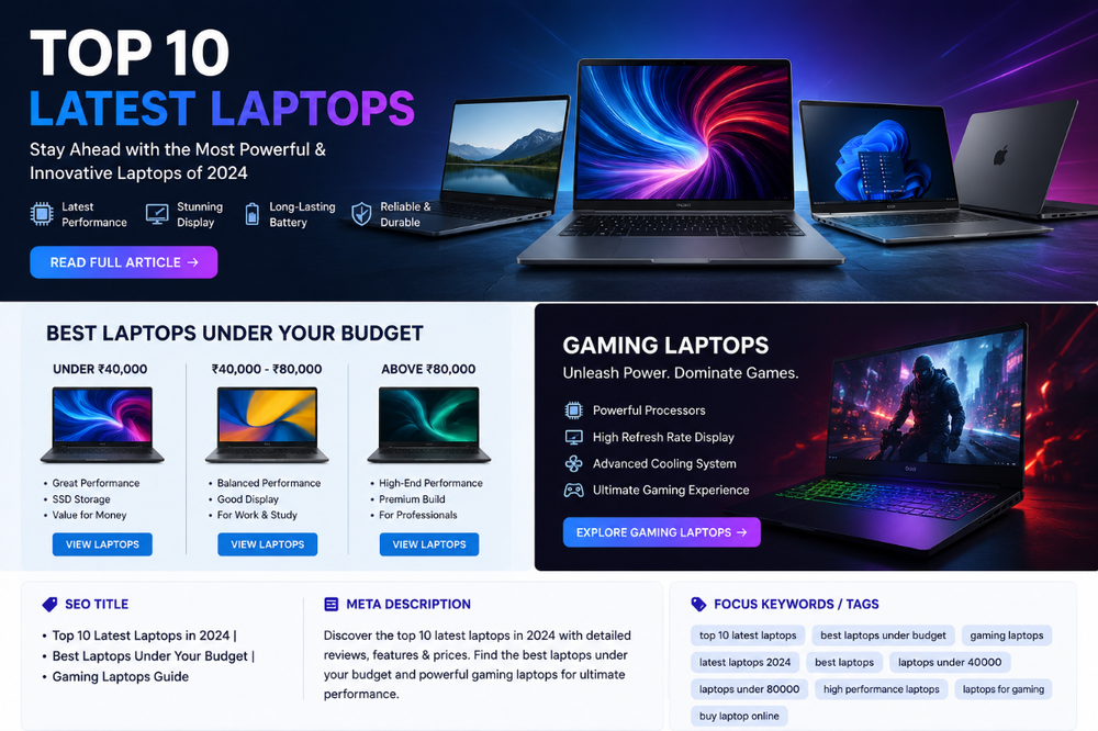 Top 10 laptops 2026 comparison chart showing gaming, creator, and productivity laptops with specifications, CPU, GPU, RAM, storage, and price range