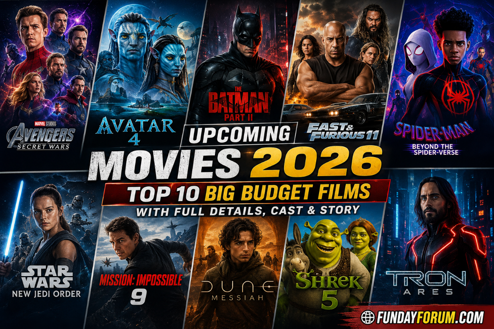 Top 10 upcoming movies 2026 collage featuring major Hollywood blockbusters like Spider-Man, Avengers Doomsday, and The Odyssey.
