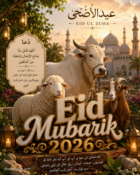 Eid Ul Adha Mubarik 2026 – Beautiful 3D Islamic Greeting with Dua & Qurbani Animals