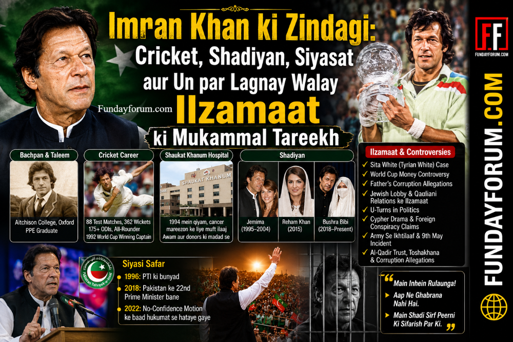 A high-contrast political and sports-themed infographic banner titled “Imran Khan ki Zindagi: Cricket, Shadiyan, Siyasat aur Un par Lagnay Walay Ilzamaat ki Mukammal Tareekh.” The image shows Imran Khan in multiple phases of life including his cricket career holding the World Cup trophy, his political journey as Pakistan’s Prime Minister, and sections highlighting his education, marriages, Shaukat Khanum Hospital, and controversies. The design includes bold typography, timeline-style panels, and a branded “fundayforum.com” text logo on the side.