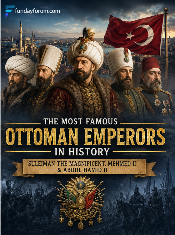 Portrait collage of the most famous Ottoman emperors including Sultan Suleiman the Magnificent, Mehmed II, Abdul Hamid II, Selim I, and Osman Ghazi.