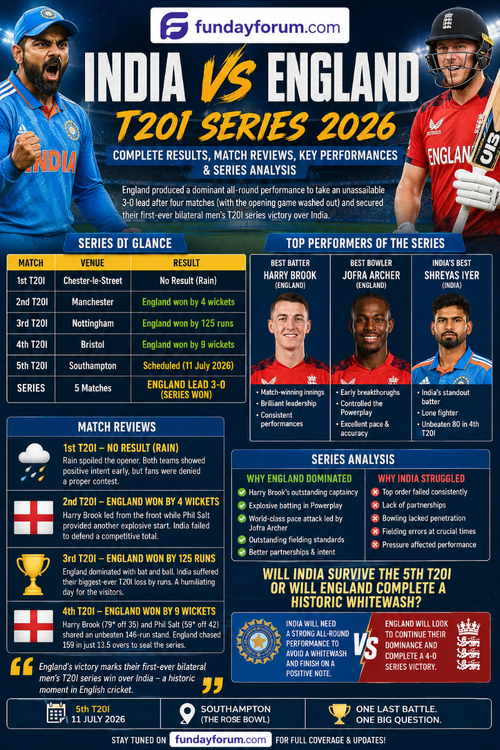 India vs England T20I Series 2026 infographic featuring complete match results, reviews, top performers, and 5th T20I preview after England secured a historic series victory over India.