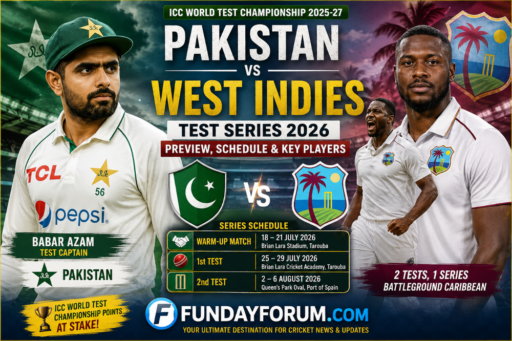 Pakistan vs West Indies Test Series 2026 preview featuring Babar Azam as Pakistan Test captain with West Indies team before the ICC World Test Championship matches.