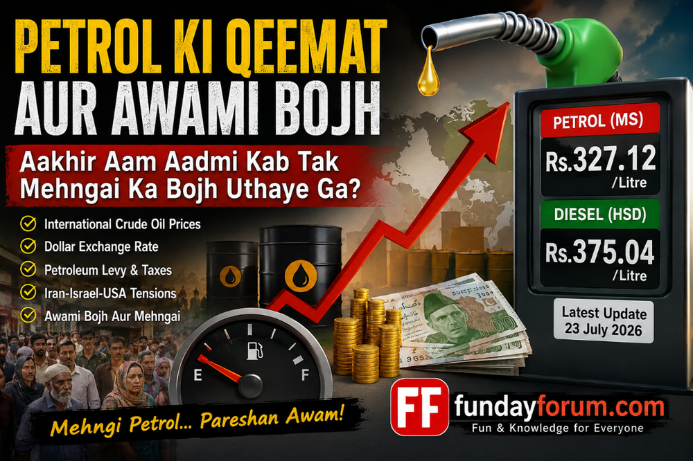 Petrol Ki Qeemat Aur Awami Bojh infographic showing Pakistan's latest petrol price (Rs.327.12/litre), diesel price (Rs.375.04/litre), rising fuel costs, international crude oil factors, Pakistan currency, oil barrels, fuel nozzle and FundayForum.com logo.