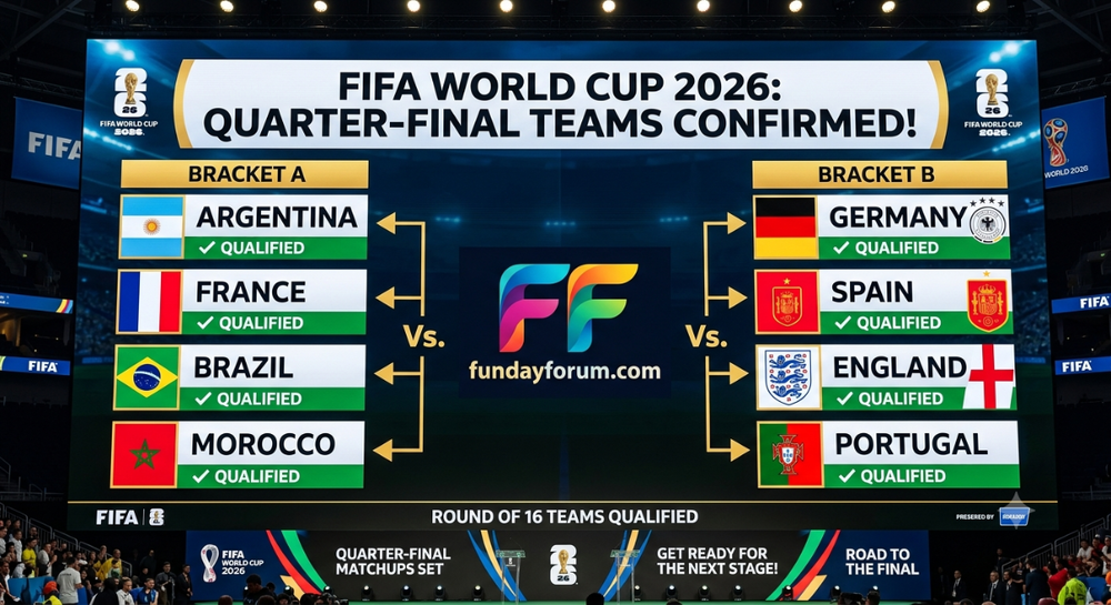 FIFA World Cup 2026 Quarter-Final Teams Confirmed featuring star players from Morocco, France, Norway, England, Spain, and Belgium with FundayForum.com logo.