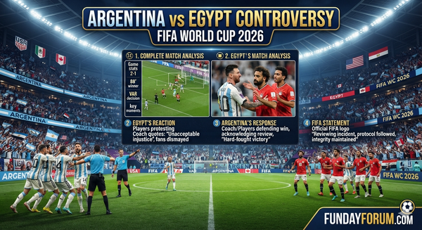 A bold sports graphic highlights the Argentina–Egypt World Cup controversy.