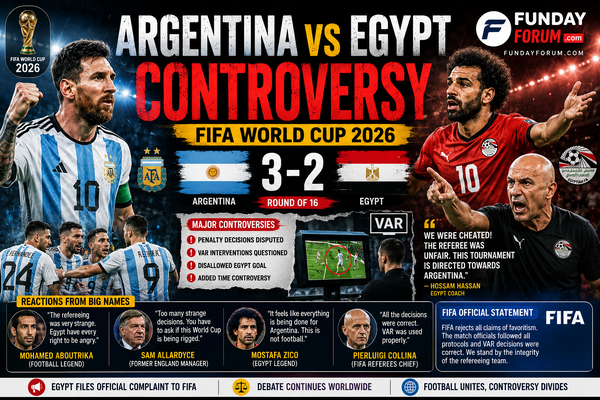 A dramatic World Cup graphic showcases the Argentina–Egypt controversy.