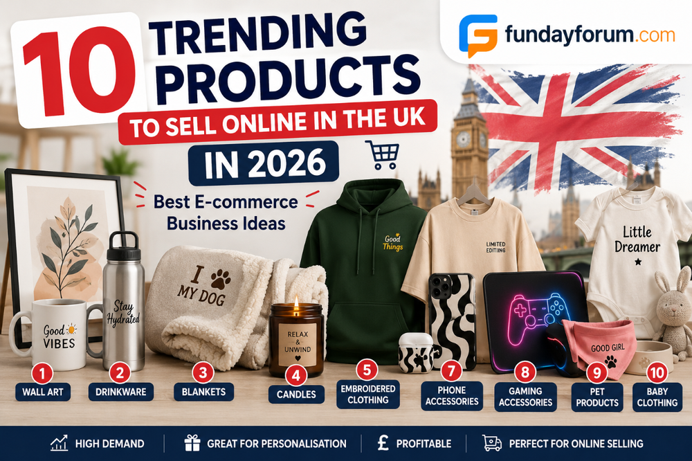 10 Trending Products to Sell Online in the UK in 2026, featuring wall art, drinkware, blankets, candles, clothing, phone accessories, gaming accessories, pet products and baby clothing, with the FundayForum.com logo.