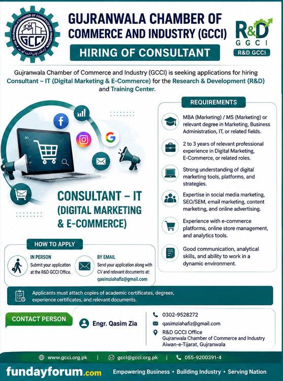 GCCI hiring Consultant IT specializing in Digital Marketing and E-Commerce for the Research & Development (R&D) and Training Center.