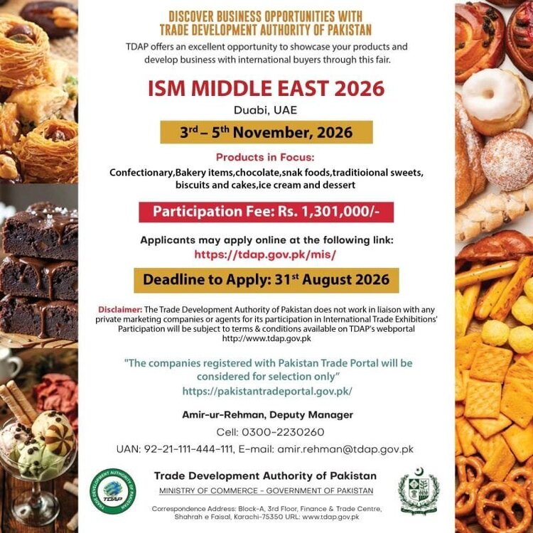 ISM Middle East 2026 Dubai – TDAP business opportunity for Pakistani bakery, confectionery, chocolate, sweets, biscuits, cakes and ice cream exporters.