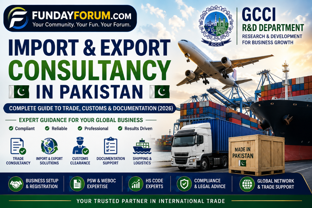 Professional promotional banner for "Import & Export Consultancy in Pakistan – Complete Guide to Trade, Customs & Documentation (2026)" featuring the FundayForum.com logo and GCCI R&D Department branding, with a cargo ship, cargo aircraft, shipping containers, freight truck, Pakistan flags, and a "Made in Pakistan" crate representing international trade, customs clearance, logistics, documentation, and business consultancy services.