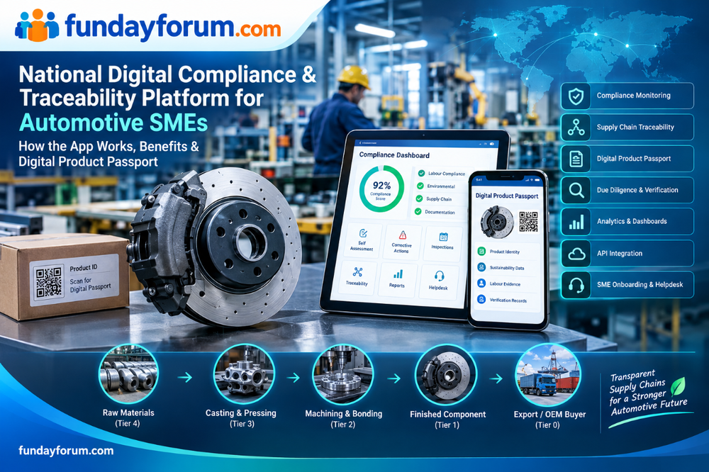 National Digital Compliance and Traceability Platform for Automotive SMEs showing digital product passport, QR code traceability, automotive supply chain, compliance monitoring, and SME technology solutions.