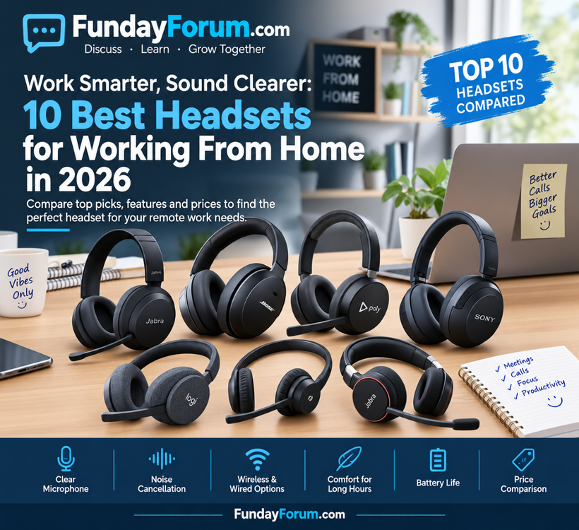 Top 10 headsets for working from home in 2026 featuring Jabra, Bose, Poly, Sony, and Logitech headphones with a comparison of microphone quality, noise cancellation, comfort, wireless connectivity, battery life, and prices.