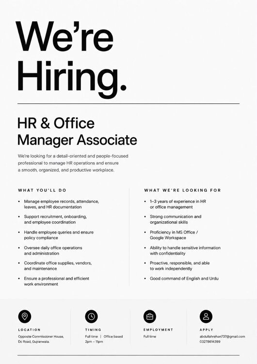 HR & Office Manager Associate job vacancy in Gujranwala – full-time HR and office management position with 1–3 years of experience required.