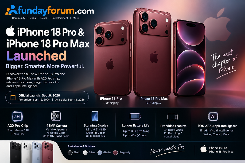Apple iPhone 18 Pro and iPhone 18 Pro Max in Burgundy showing the new Pro camera system and display